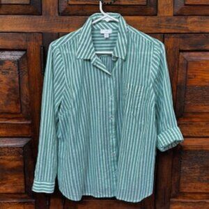 J Jill - Green & White Striped Button Down - EUC - Size Small Petite